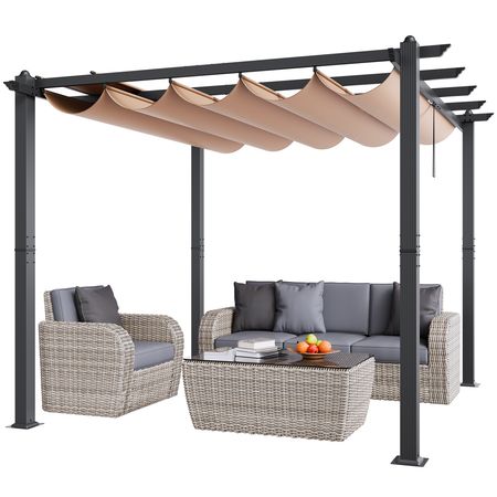 10'x10' Outdoor Retractable Pergola with Canopy, Aluminum Pergola with Retractable Canopy, Modern Pergola with Sun Shade Canopy for Patios, Gardens, Decks, Backyards (Beige)
