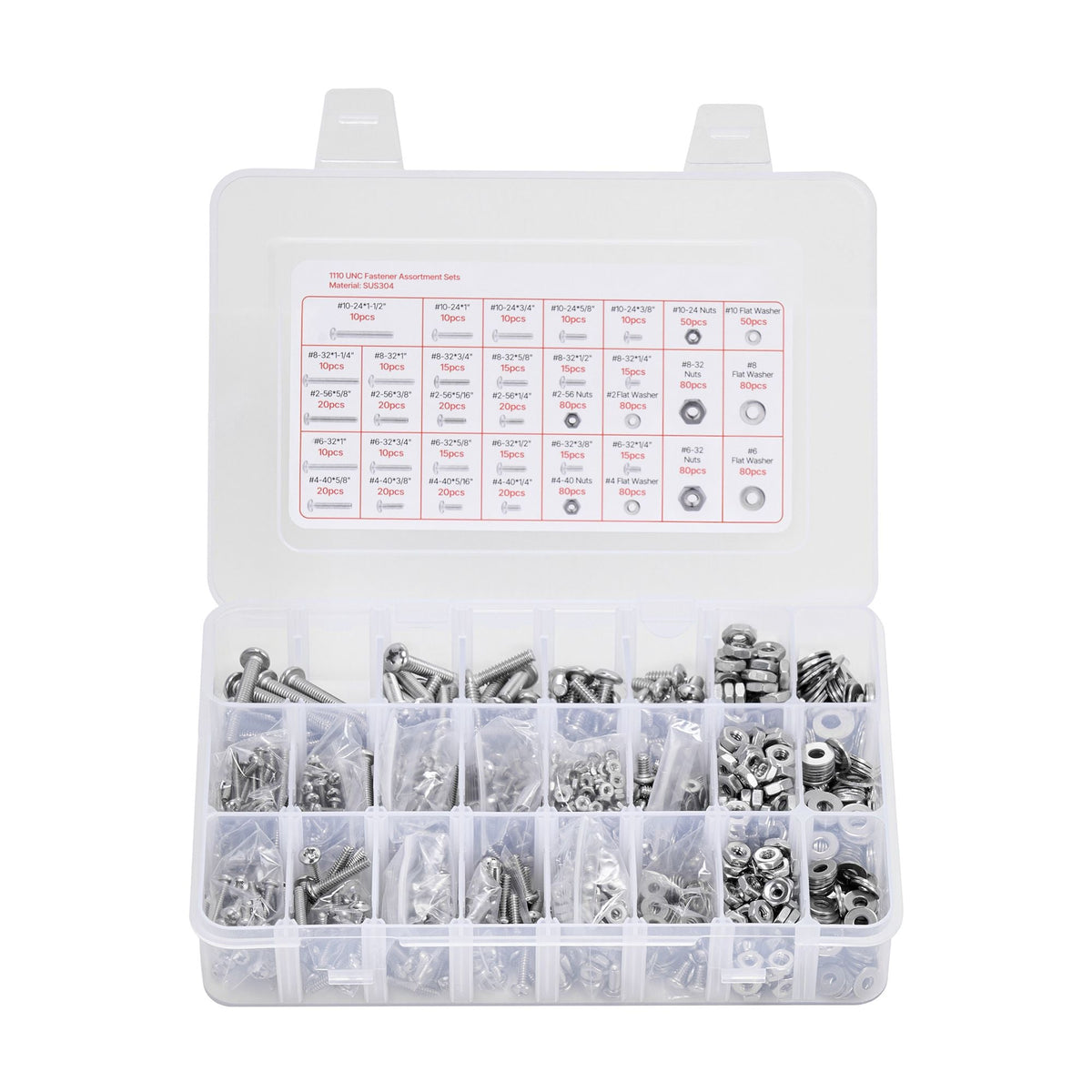 1110 Pcs Bolts and Nuts Assortment Kit, Imperial Machine Screws and Flat Washers, Stainless Steel 10-24,8-32,2-56,6-32,4-40, for Furniture /Equipment/Vehicle Assembly, Silver