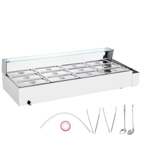 12-Pan Commercial Food Warmer, 12 x 5QT Electric Steam Table with Glass Cover, 1700W Countertop Stainless Steel Buffet Bain Marie 86-185 Fahrenheit Temp Control