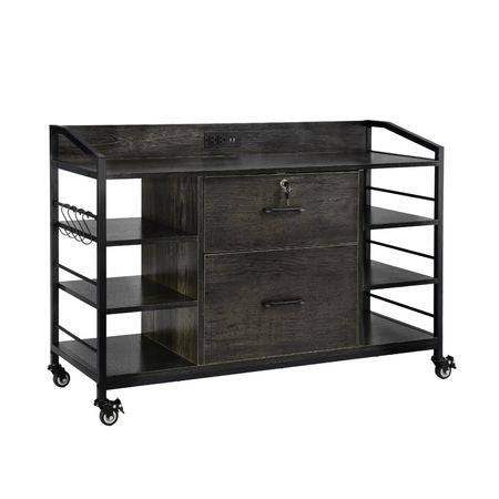 2 Drawers Metal File Cabinet, Lateral Filing Cabinet with Lock and 6 Open Shelves, Wooden Wide Filing Storage Cabinets with Power Strip for Letter, A4, Legal Size File, Easy Assembly, Gray