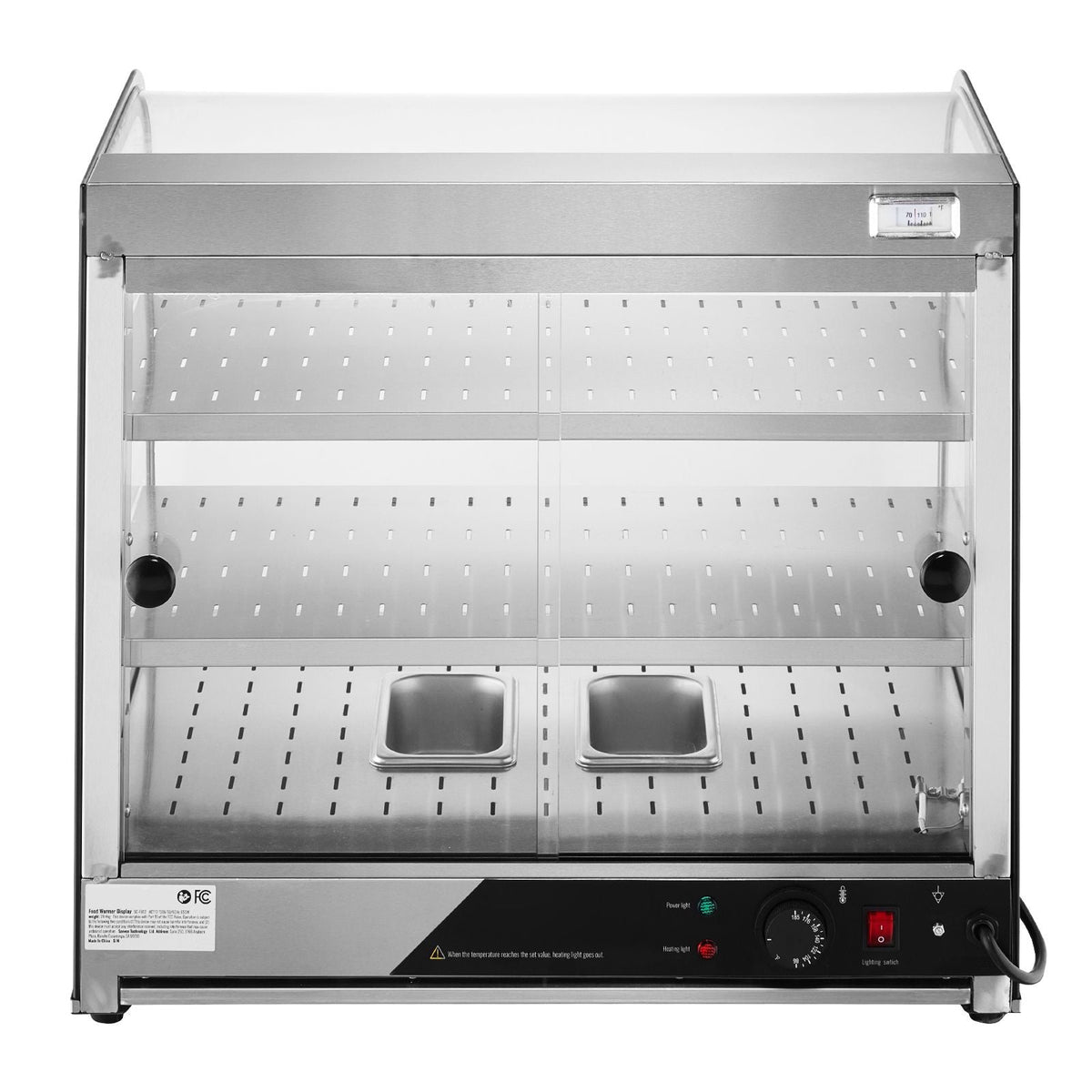 2-Tier Commercial Food Warmer Display, 850W Food Display Warmer w/ Tempered Glass and Steam Heating, 86-185 F Temperature Control, 111L Large Capacity for Hamburger, Pizza, Bread, Fried Chicken