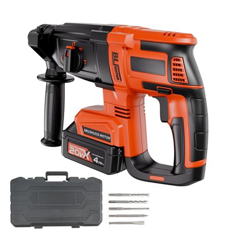 20V Brushless Cordless Hammer Drill, Lithium-Ion 1.1 Inch Rotary Hammer Driver, SDS-Plus Electric Lightweight Power Tool Kit with Battery and Charger, 4 Functions, 1200 RPM, 5300 BPM