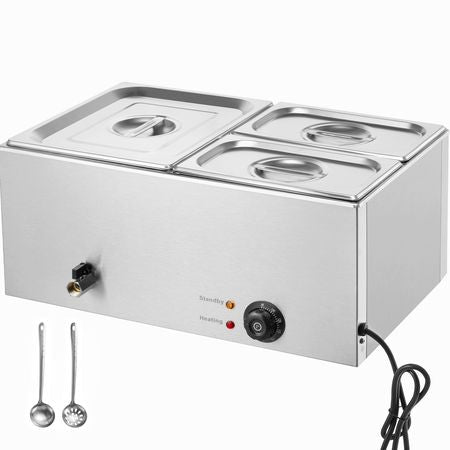24QT Commercial Food Warmer, 3-Pan Electric Steam Table, 1200W Professional Countertop Stainless Steel Buffet Bain Marie with 86-185 Fahrenheit Temp Control