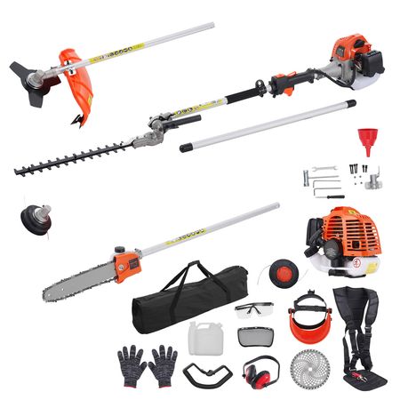 26CC 5-in-1 Multi-Functional Trimming Tools, Gas Hedge Trimmer, Weed Eater, String Trimmer, Edger, Pole Saw Chainsaw Pruner with Extension Pole