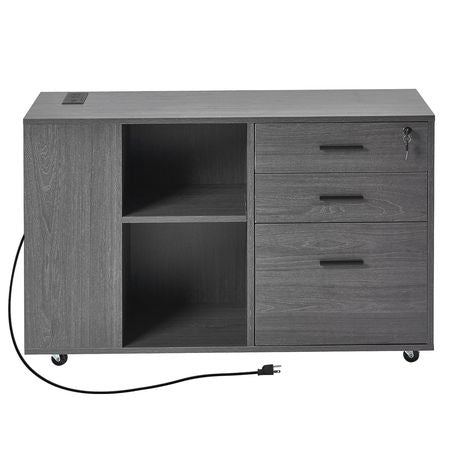 3 Drawer Wooden File Cabinet, Mobile Filing Cabinet with Power Strip, Lockable Rolling File Storage with Adjustable Shelves & 5 Wheels, Floor Standing Printer Stand for Home Office School, Gray