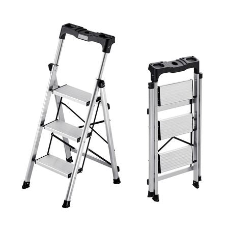 3 Step Ladder, Folding Step Stool with Wide Anti-Slip Pedal and Comfort Handgrip, 330 lbs Capacity Portable Aluminum Stepladder, Multi-Use for Kitchen, Warehouse, Household and Office, Silver