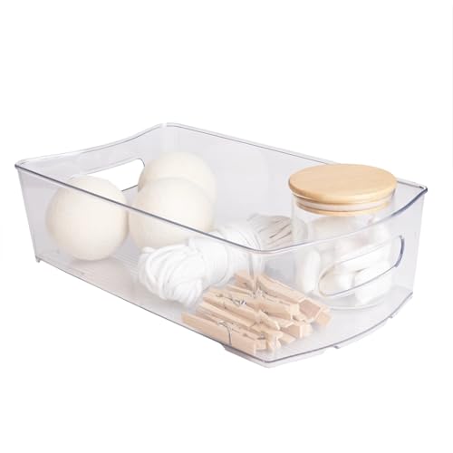 Wardrobe and laundry storage box with removable dividers, 14.5 inches long x 8 inches wide, transparent.