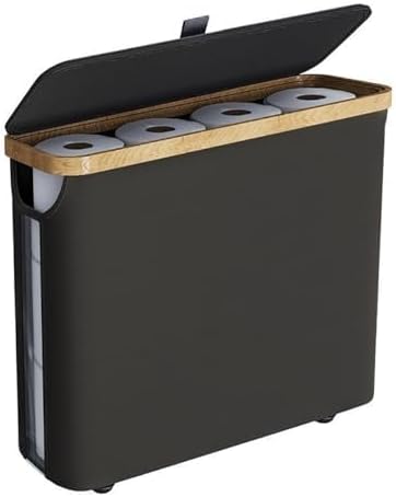 Toilet Paper Storage Basket with Lid for 12 Rolls, Waterproof Oxford Cloth with Bamboo Frame, Free Standing Toilet Paper Holder, Collapsible Bathroom Organizer Bin, Beige (Black)