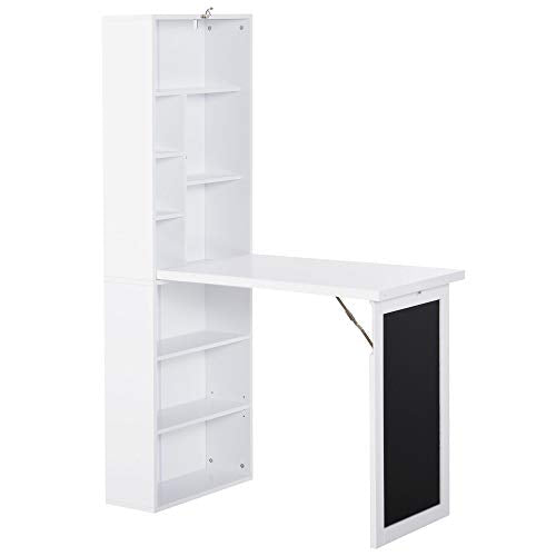 White Foldable Wall Mounted Desk with Storage Shelves, Fold Out Convertible Computer Table with Blackboard, Folding Writing Table Workstation for Small Spaces, Home Office - color: White
