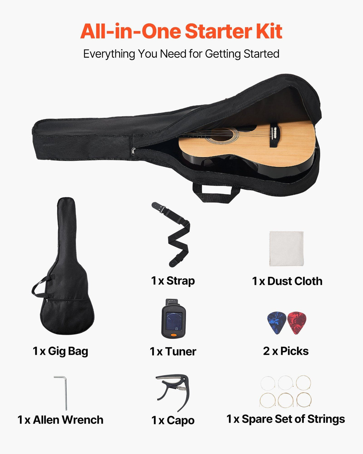 36 in Dreadnought Acoustic Guitar Natural Beginner Bundle with Gig Bag for Teen