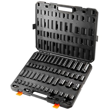 3/8" & 1/2" Drive Impact Socket Set, 59PCS Socket Set SAE 5/16" to 1-1/4" and Metric 6-32mm, 6 Point Cr-Mo Alloy Steel for Auto Repair, Easy-to-Read Markings, Rugged Construction, Storage Case