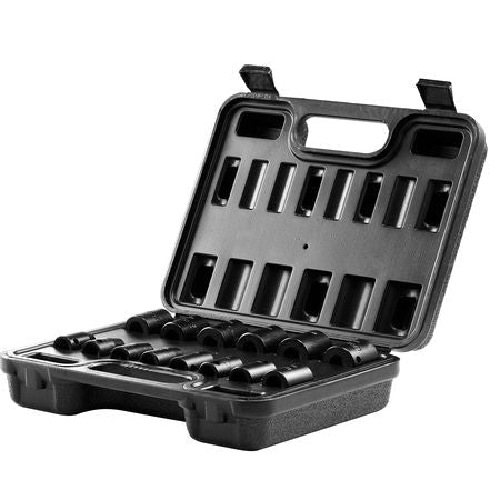 3/8" Drive Impact Socket Set, 14 Piece Shallow Socket Set Metric 7-20mm, 6 Point Cr-Mo Alloy Steel for Auto Repair, Easy-to-Read Size Markings, Rugged Construction, Includes Storage Case