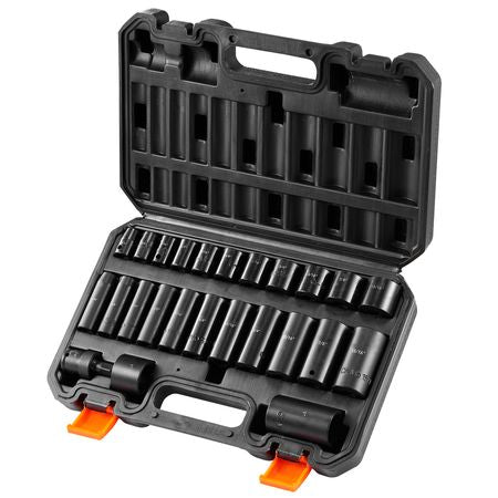 3/8" Drive Impact Socket Set, 25 Piece Deep & Shallow Socket Set SAE 5/16" - 1", 6 Point Cr-Mo Alloy Steel for Auto Repair, Easy-to-Read Size Markings, Rugged Construction, Includes Storage Case