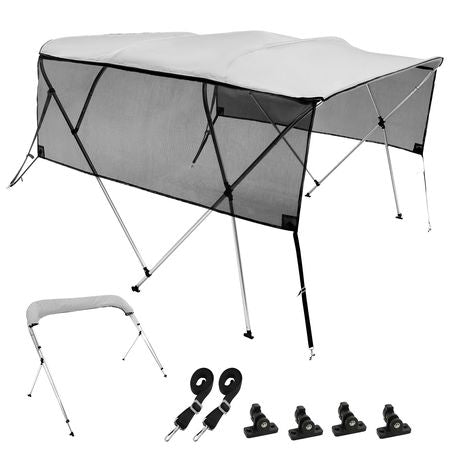 4 Bow Bimini Top Boat Cover, Detachable Mesh Sidewalls, 600D Polyester Canopy with 1" Aluminum Alloy Frame, Includes Storage Boot, 2 Straps, 2 Support Poles, 8'L x 54"H x 91"-96"W, Light Grey