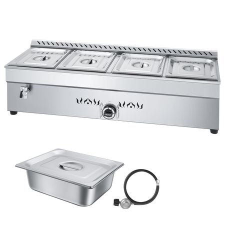 4-Pan Commercial Propane Steam Table, LP Gas Outdoor Soup Warmer with Drain Valve, Stainless Steel Propane Food Warmer with Adjustable Temperature, for Restaurant Party Outdoor Camping