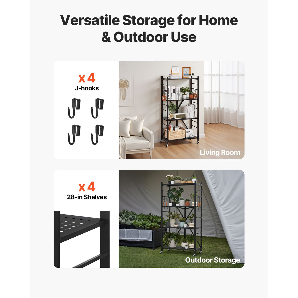 4-Tier Foldable Storage Shelf, 28W x 13D x 54H Inch Folding Metal Rack Shelving Unit, No Assembly Organizer Shelf with 5 Wheels & 4 Hooks for Pantry, Kitchen, Garage, Basement, Black