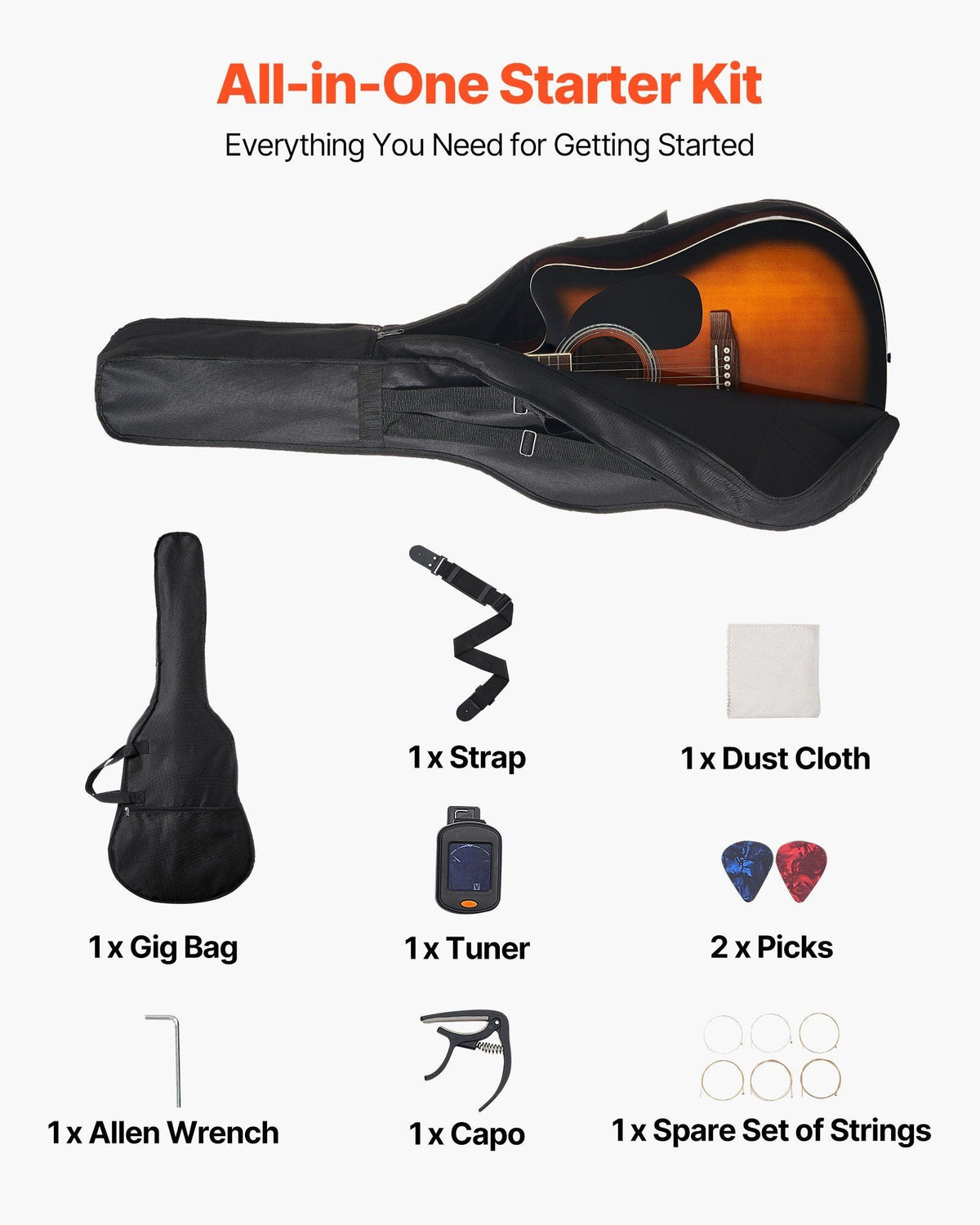 41 in Cutway Acoustic Guitar Beginner Bundle with Gig Bag for Adult Sunburst