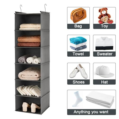 MAX Houser 6 Tier Shelf Hanging Closet Organizer, Closet Hanging Shelf with 2 Sturdy Hooks for Storage, Foldable (Grey) - color: Grey