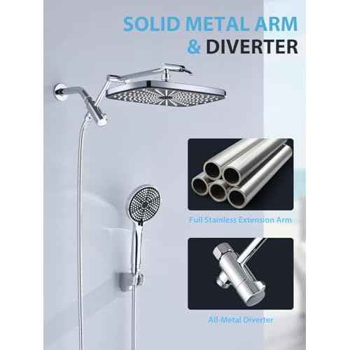 High Pressure Rain Shower Head with Handheld,Wide Rainfall Shower Head Combo with Arm,Bathroom Accessories,Detachable Shower head,Rainfall Shower Head with Multi Modes Handheld Spray,Chrome