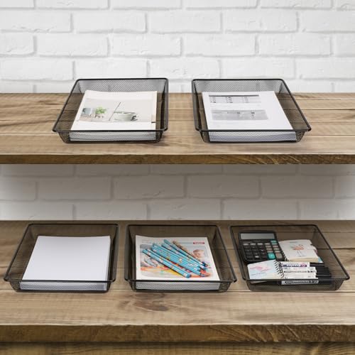 Office Metal Mesh Basket for Desk, Single Paper Tray Organizer, Turn in Trays Classroom, Flat Mail Letter Storage Basket for Office Home Drawers School, Black (5 Pack)