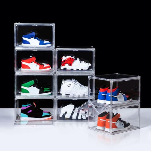 12 Pack Shoe Boxes, Clear Acrylic Stackable Plastic Sneaker Box Container, Magnetic Drop & Side Open Shoe Organizer Case Container With Lids Fits Up to Size 15(Transparency) - color: Transparency