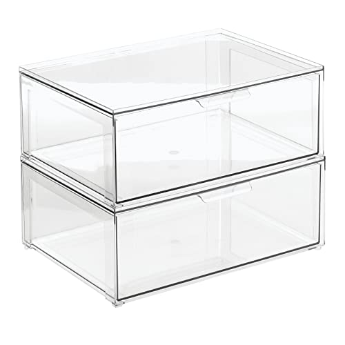 mDesign Plastic Stackable Bathroom Storage Organizer Bin Containers with Front Pull Drawer for Bathroom Countertop, Vanity, Closet Shelves - Holder for Accessories - Lumiere Collection, 2 Pack, Clear - size: 16 x 12 x 6 (Pack of 2)