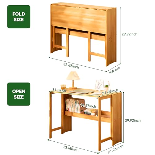 Bamboo Folding Desk Mid Century Modern Desk for Home Office Bedroom Small Spaces,Natural - color: Natural, size: 21.65"D x 32.68"W x 29.92"H