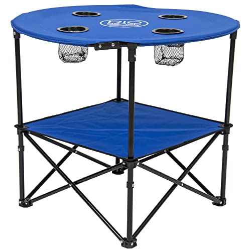 Rio Brands 28" Round Lightweight Fabric Portable Folding Beach Table with Cupholders, Blue