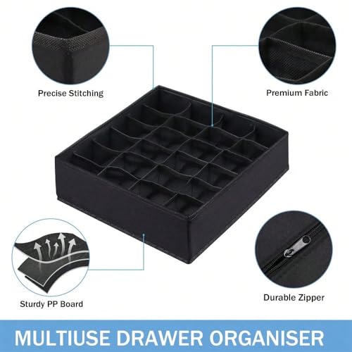 Socks Underwear Storage Box - 24 - Grid Foldable Drawer Organizer for Closet Space Saving, Black