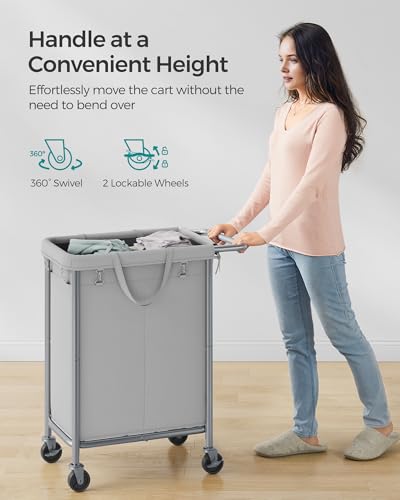 SONGMICS Laundry Basket with Wheels, 2-Section Rolling Laundry Hamper, 37 Gallons (140 L), Removable Liner, Steel Frame with Handle, 27.2 x 15.4 x 31.9 Inches, Dove Gray URLS004G01 - color: Dove Gray, size: 140 L (2-Section), style: Rectangular with handl