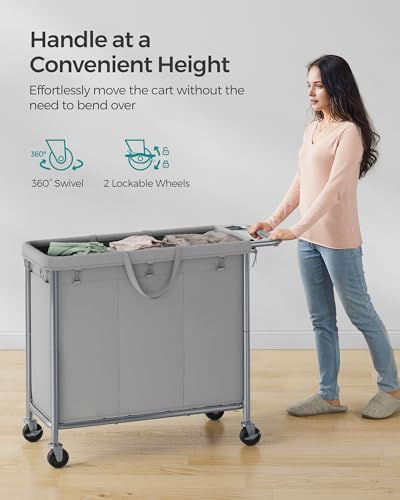 SONGMICS Laundry Basket with Wheels, 3-Section Rolling Laundry Hamper, 52.8 Gallons (200 L), Removable Liner, Steel Frame with Handle, 35.8 x 15.4 x 31.9 Inches, Dove Gray URLS005G01 - color: Dove Gray, size: 200 L (3-Section), style: Rectangular with han