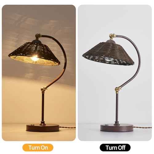 Woven Rattan Bedside Table Lamp for Bedroom, Boho Plug in Handmade Rattan Shade & Anti-Rust Iron Base Desk Lamp, Plug & Play Vintage Dark Brown Nightstand Lamp for Living Room, Office ¡¼Bulb Included¡½