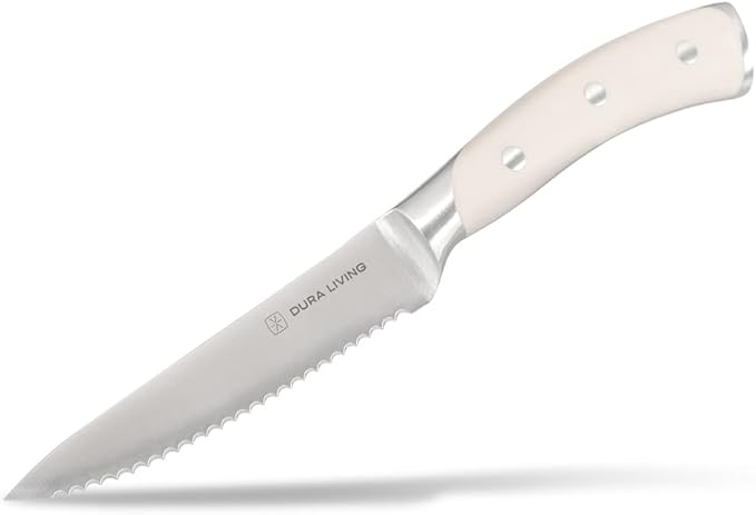 DURA LIVING 4-Piece Serrated Kitchen Steak Knife Set – Forged High Carbon Stainless Steel, Ultra Sharp, Ergonomic Black Handles, Durable Dinner Knives, Cream Handle
