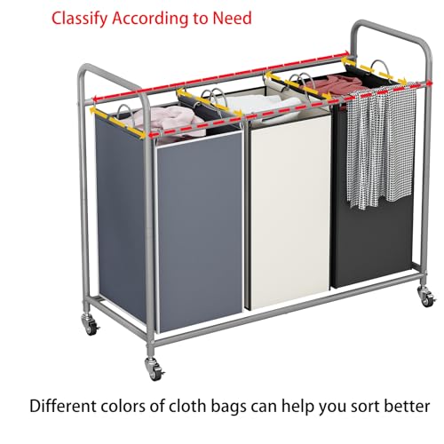 LINZINAR 3-Bag Laundry Basket Sorter Laundry Hamper Cart with Heavy Duty Rolling Lockable Wheels and Removable Bags (Assorted) - size: 3 Bags Assorted