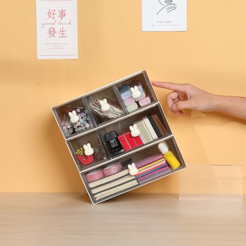 Desktop Storage Drawers, Plastic Desk Organizer with 3 Drawers, Modular Stackable Toolbox Units for Office Stationary, Makeup Container, Bathroom Countertop (1 Tall Layer, Cream & Clear) - color: 1 Tall Layer & 3 Drawers, Cream & Clear