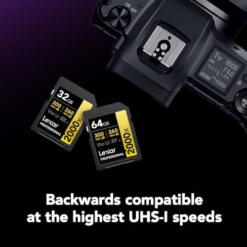 Lexar 64GB Professional 2000x SD Card, UHS-II, C10, U3, V90, Full HD, 8K, Up To 300MB/s Read SDXC Memory Card, for DSLR, Cinema-Quality Video Cameras (LSD2000064G-BNNNU)