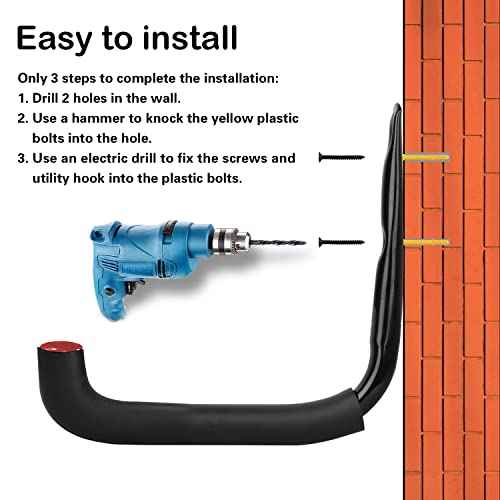 6 Set Garage Hooks - Wall Mounted, Heavy Duty, 7 Inch Large, Extension Cord Hanger, J Hooks for Ladder, Mowers, Cable Bracket - Black