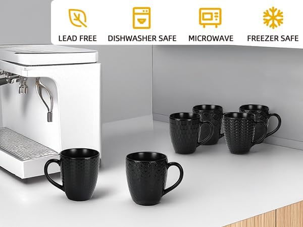 Schliersee 16 OZ Black Coffee Mugs Set of 6, Geometric Pattern Porcelain Coffee Cups for Latte, Hot Tea, Cappuccino, Mocha, Cocoa, Espresso cups, 500ML