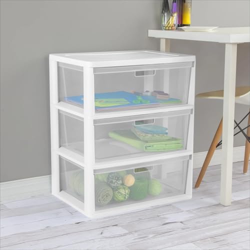 Plastic Drawer Wide Tower Plastic Storage Cart with Clear Pull Out Drawers, Black (White, 3 Drawer Wide Tower Broad) - color: White