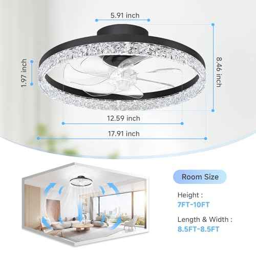 FOLKSMATE Ceiling Fan with Light and Remote, Low Profile Flush Mount Crystal Fandelier, Modern 6 Speeds Quiet Reversible, 2800-6500K Dimmable LED, Timer Fan Light for Bedroom Living Room Kitchen