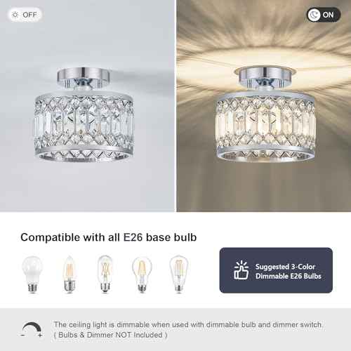 Crystal Chrome Ceiling Light, Modern Semi Flush Mount Ceiling Lighting Fixture, Round Hallway Lighting Fixtures for Entryway Kitchen Bedroom Laundry Room, 1-Light, 9 Inch