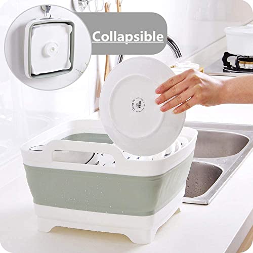 FOSJGO Collapsible Dish Basin with Drain Plug and Carry Handles - 9L Capacity, Portable Sink Tub for Camping and RV - color: Light Green