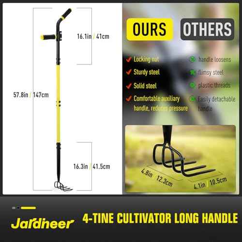 Jardineer 4-Tine Cultivator Rake with Auxiliary Handle, Garden Cultivator Long Handle, Hand Tiller Tool for Gardening Digging Loosening Weeding