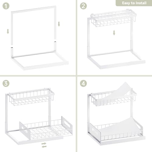 VUSIGN Under Kitchen Sink Organizer 2 Tier, Pull Out Bathroom Sink Organizers and Storage, Cabinet Kitchen Bathroom Storage Organization Shelf, 1 Pack White