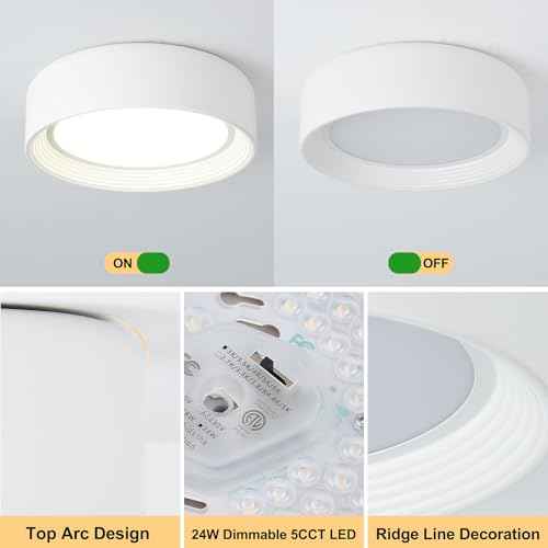 Dimmable Flush Mount Ceiling Light White,24W LED Ceiling Light Fixture,3000K-6500K 5CCT Round 11.81 in Modern Lighting Fixtures for Laundry Room Hallway Kitchen