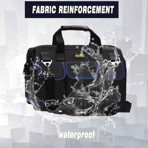 FASTECH 22 Inch Tool Bag, Waterproof Wide Mouth Tool Kit, Heavy Duty Tool Bag Organizer With Shoulder Straps and Molded Base, Tool Storage Package For Screwdrivers, Pliers, Nut Drivers (DarkBlue22IN)