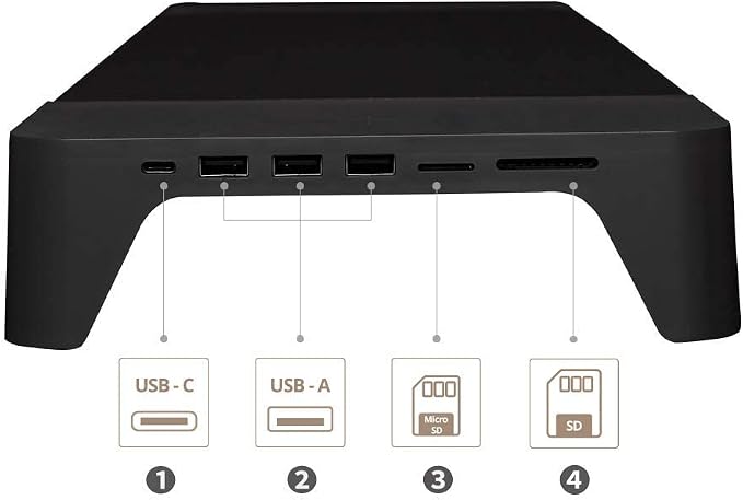 POUT E8 Wood Desk Monitor Computer Stand Riser Shelf + USB HUB + Qi Fast Wireless Charging Charger Pad Mat for Laptop Apple iMac PC iPhone Samsung Galaxy Airpod 2 Buds (Black)