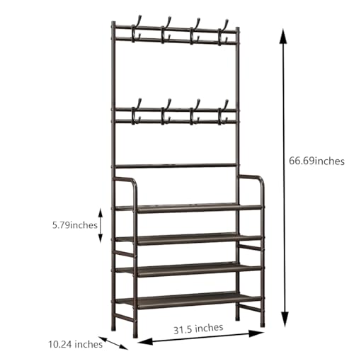 4 Tier Coat and Shoe Rack Entryway Coat Rack with 8 Hooks Shoes Organizer for Living Room Bedroom Office Brown - color: Brown