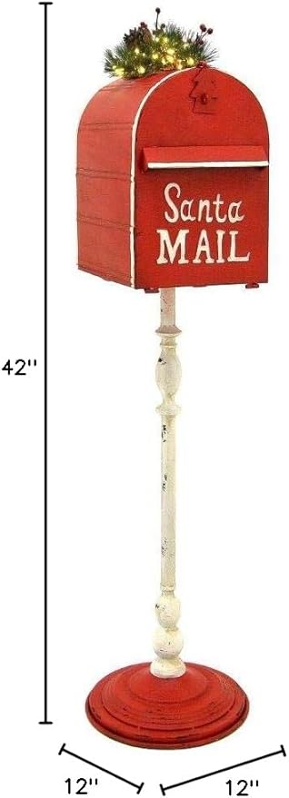 42" Tall Metal Standing Santa's Mail Christmas Mailbox with Light-up LED Wreath (Red Top)