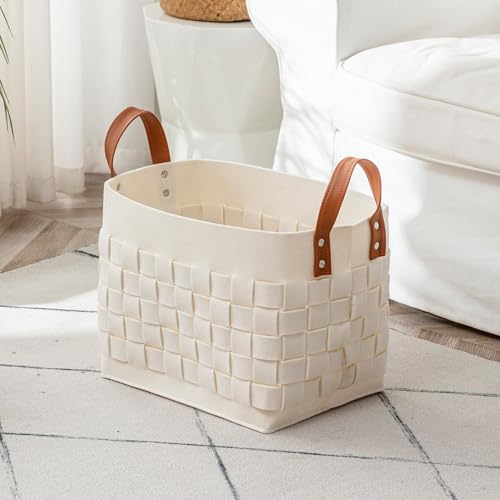 BOLDMONEKY Blankets Basket 16.5 " x13 " x13 " , Large Rectangular Laundry Hamper with Leather Handle, Soft Dog Toy Basket for Storage-Beige - color: Beige